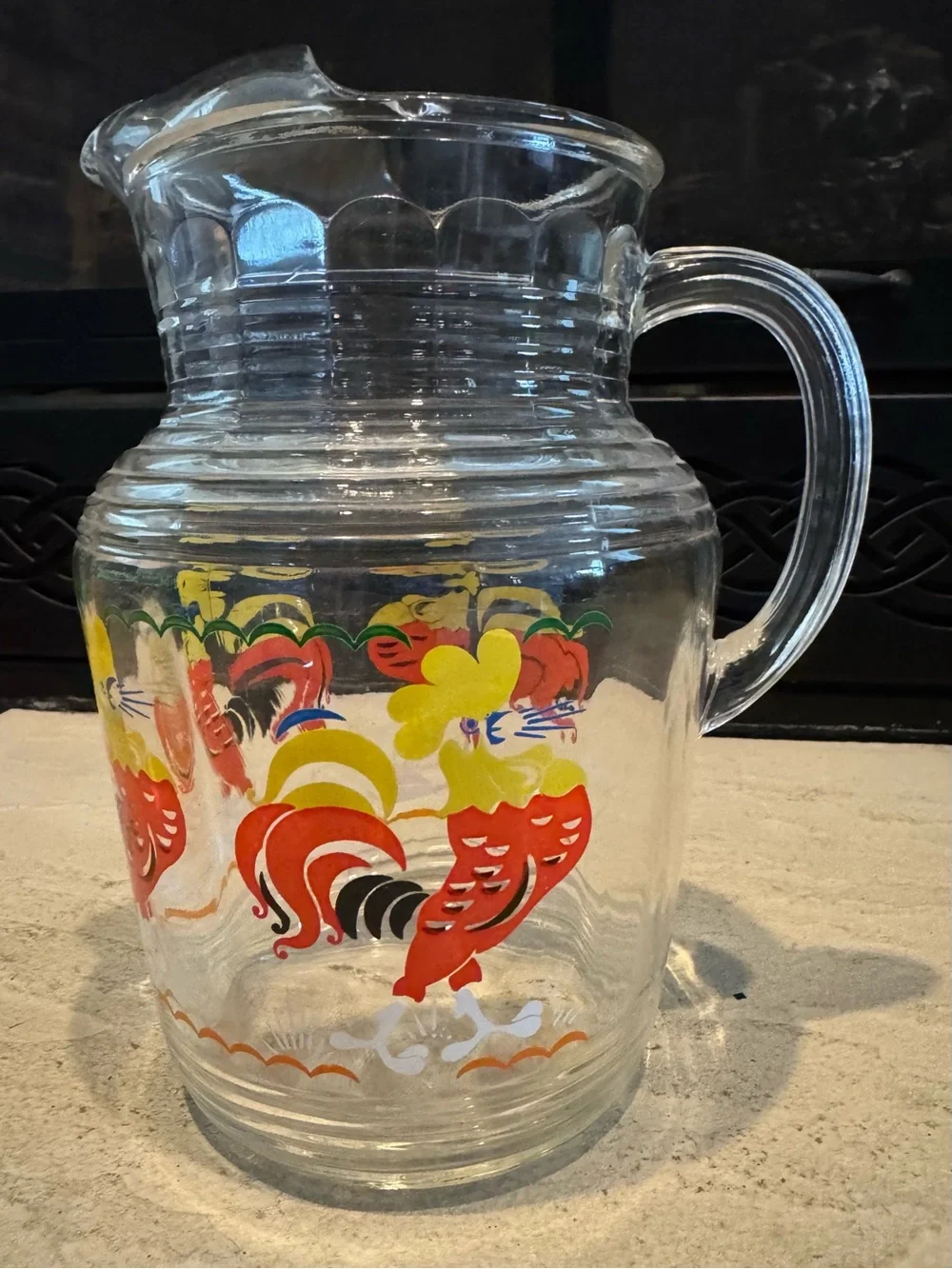 Vintage Clear Glass Pitcher with Bright Roosters - Great Design !